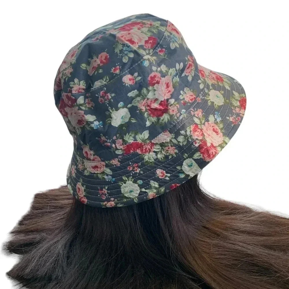 Boutique Handcrafted Flirty Feminine Floral Bucket Hat OSFM Teal with Roses